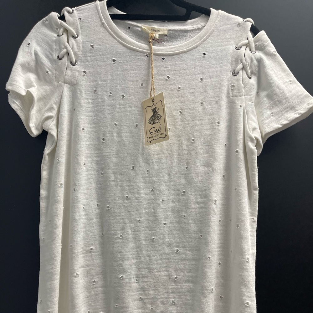 White star cut out lace sleeves baby French terry tee shirt